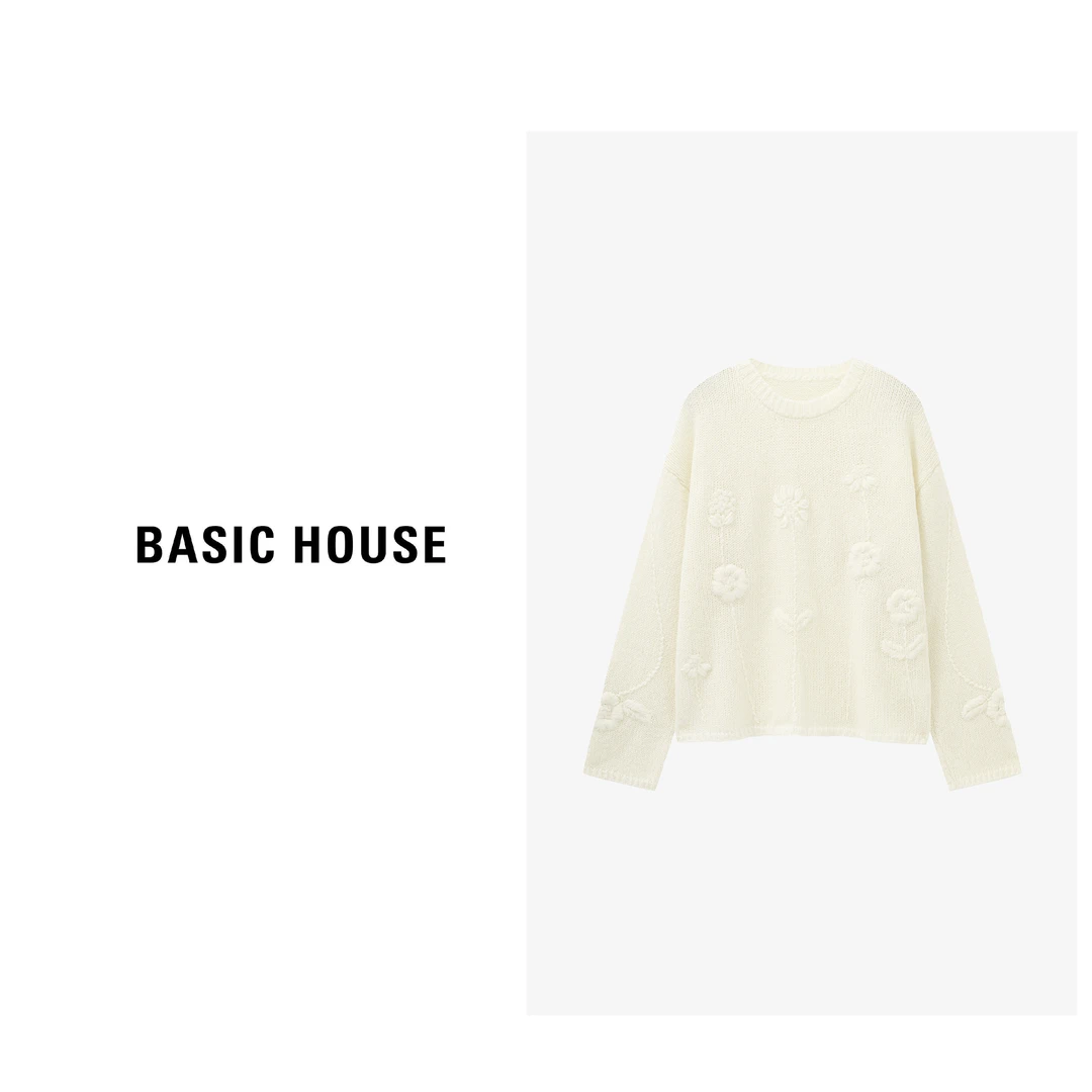 Basic House/百家好新款时尚印花刺绣显瘦气质毛衣-B0625B5LLU2