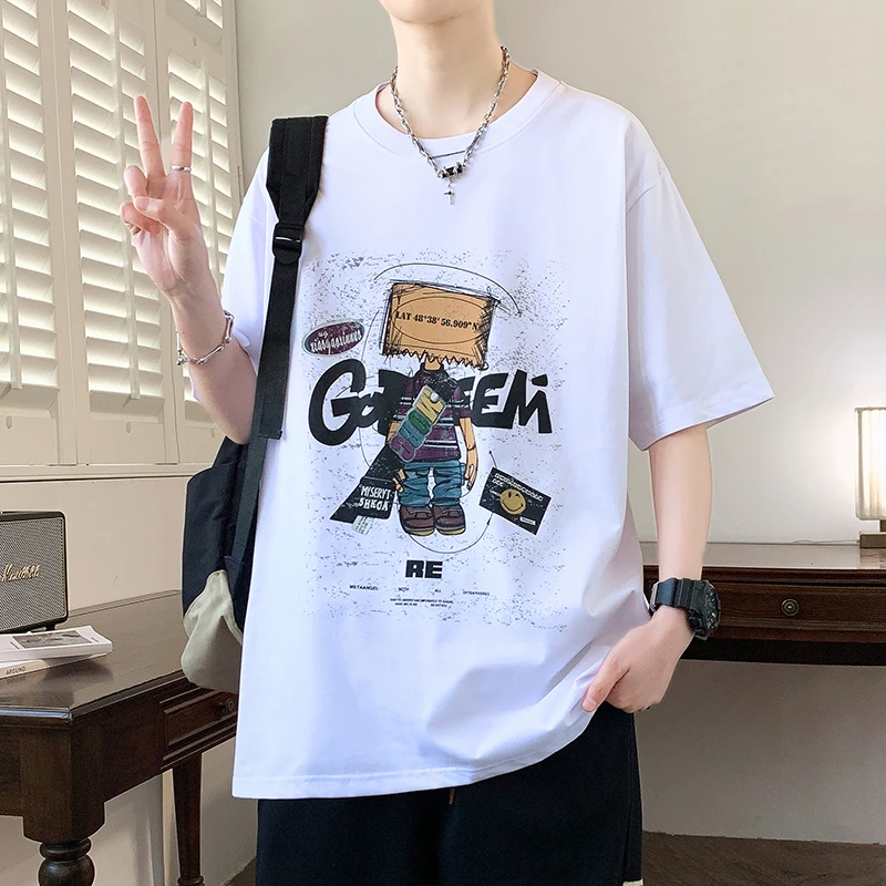 青少年男生夏季新款宽松圆领潮流t恤上衣半袖短袖宽松印花中学生