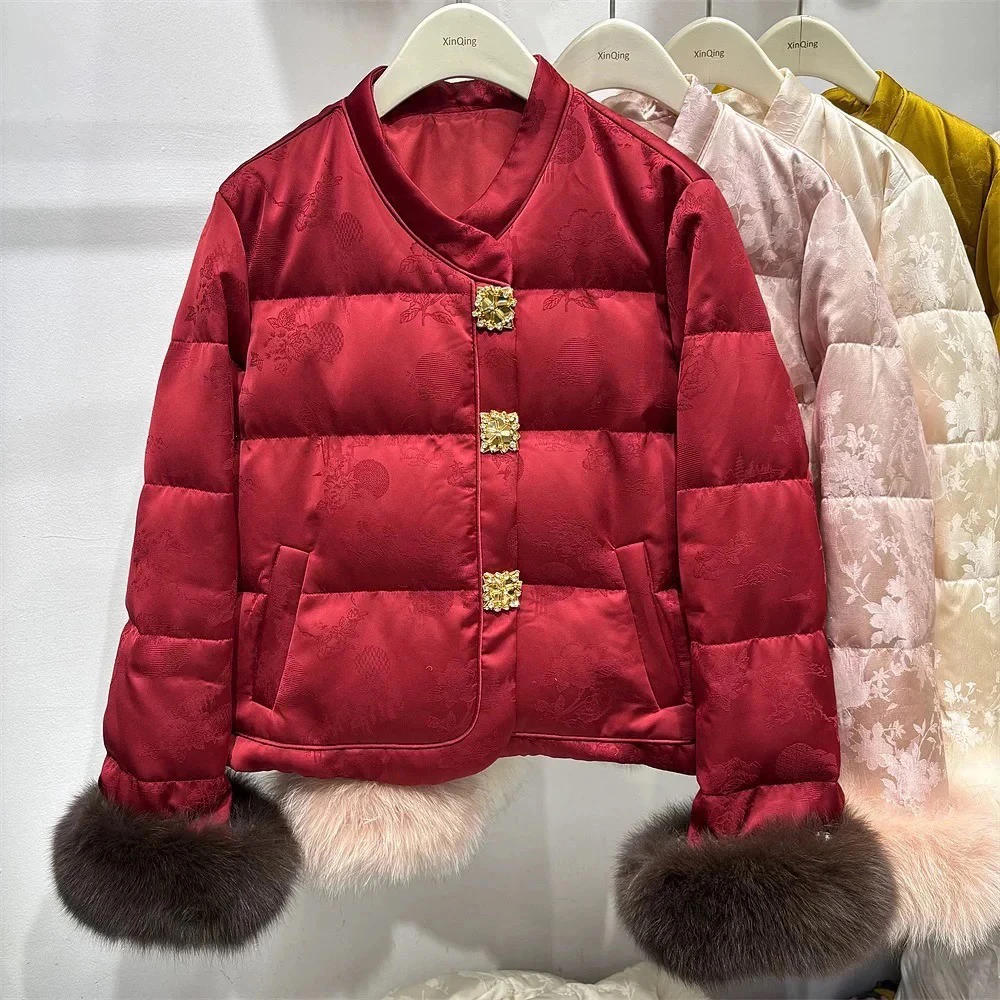 新中式2024冬季保暖时尚钻石扣暗花国风年货战袍棉服外套百搭