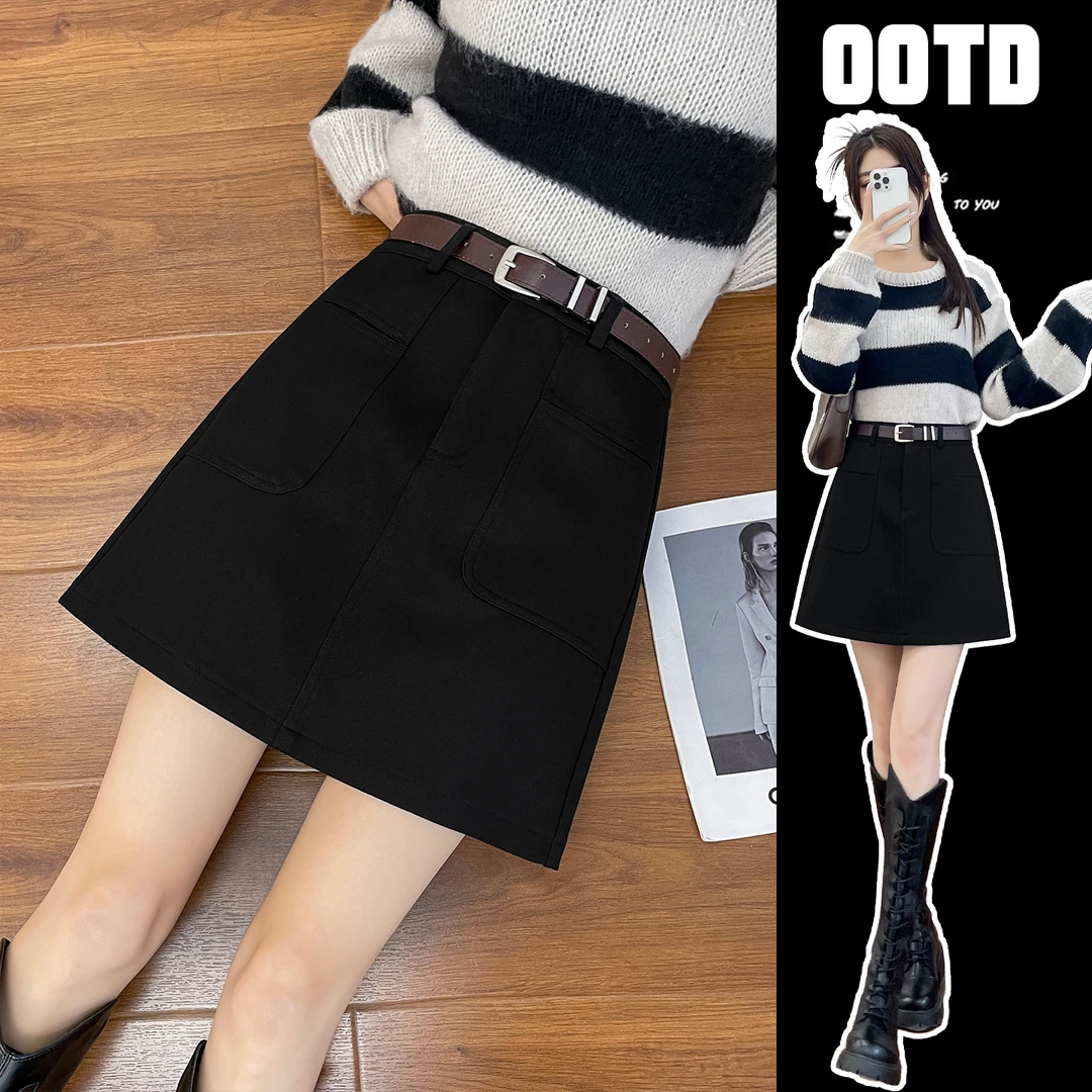 黑色毛呢短裙半身裙女秋冬加厚2025新款高腰显瘦a字气质包臀短裙
