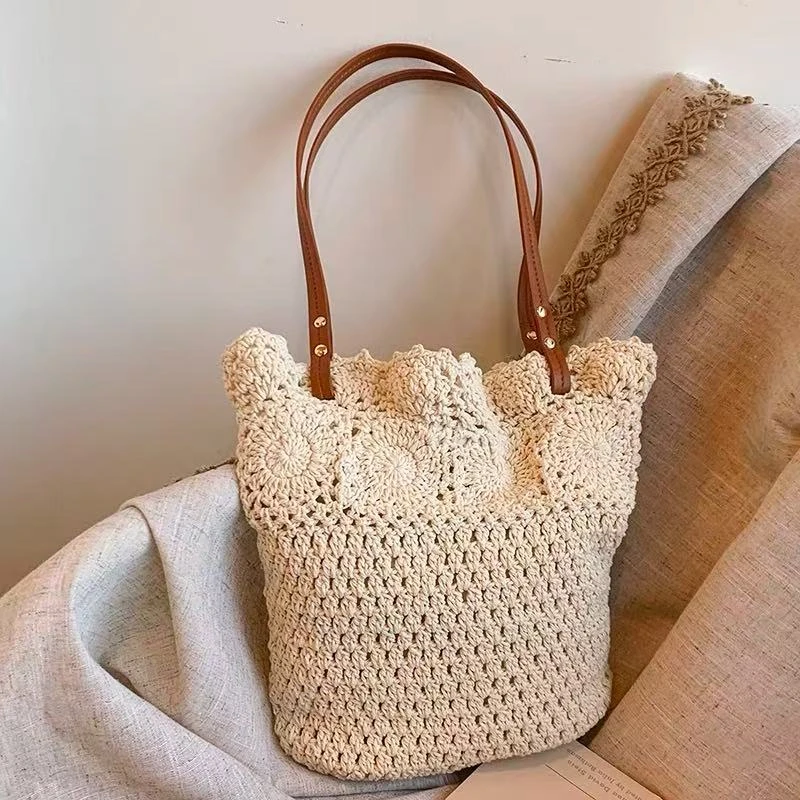 B09ins森系文艺复古手工花朵编织包韩国休闲百搭棉线腋下包单肩包