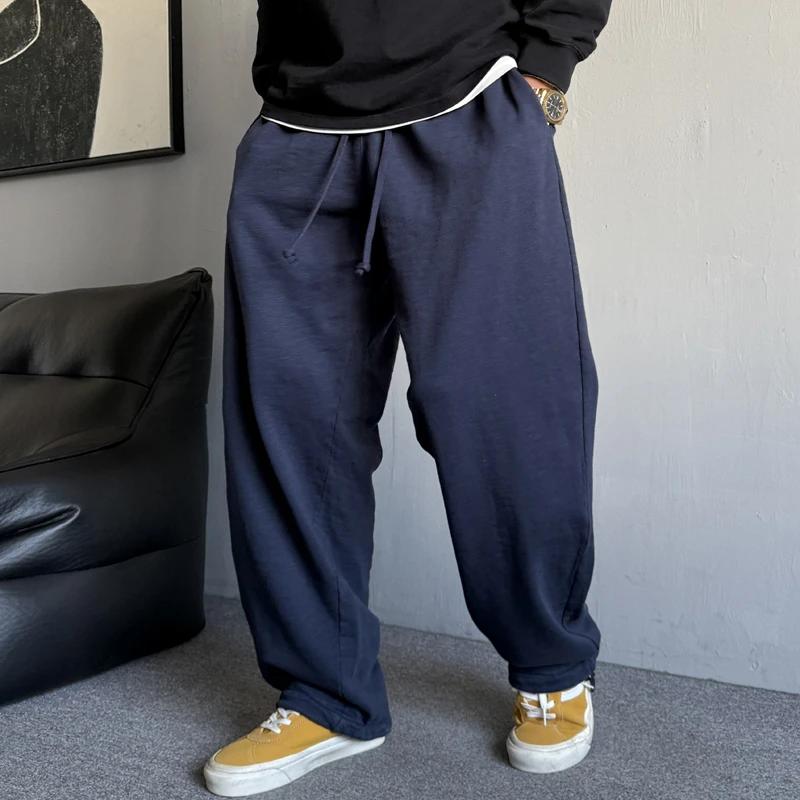 春秋季美式休闲痞帅重磅运动卫裤男直筒宽松抽绳百搭阔腿裤子纯棉