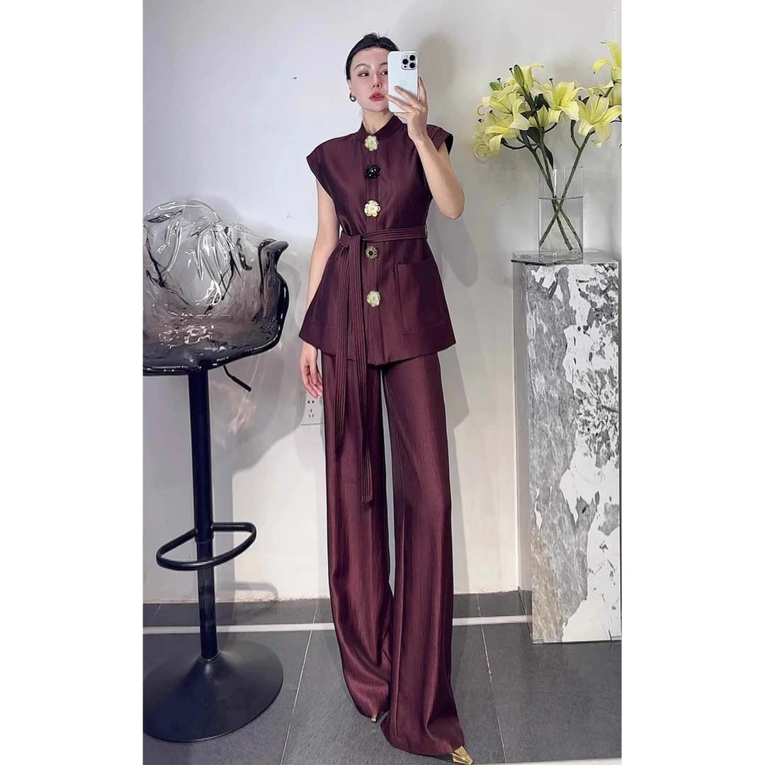 【两件套】【送腰带】小众炸街高级感女装夏季收腰上衣+直筒长裤D2996