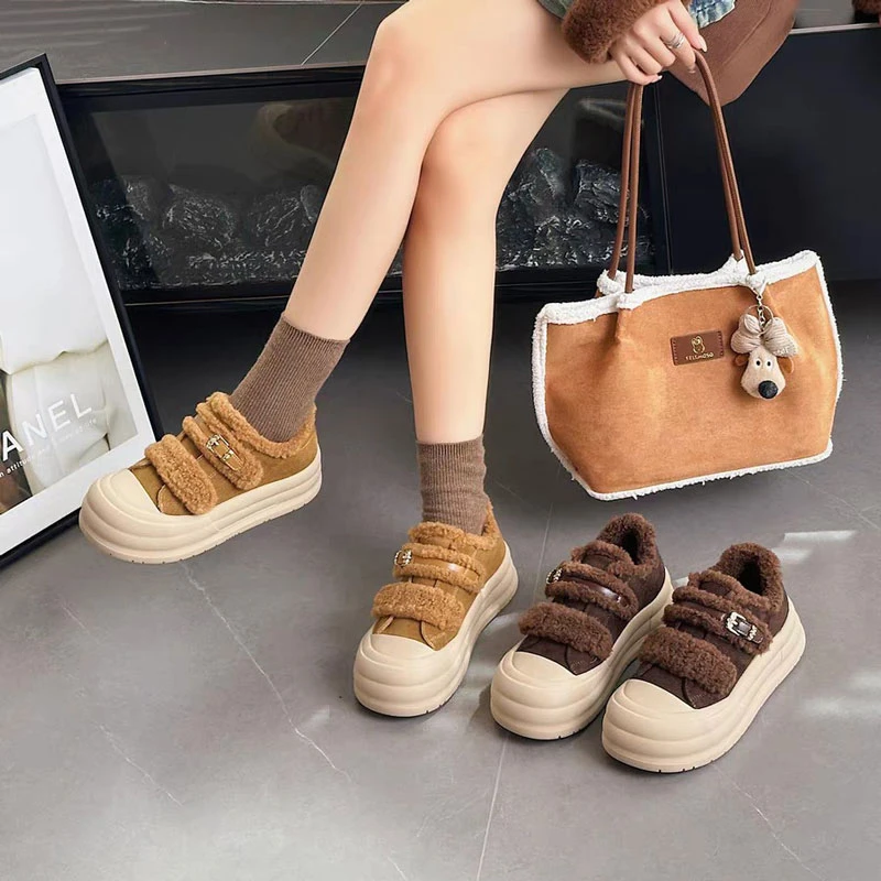 秋冬毛绒绒魔术贴厚底加绒保暖休闲板鞋S879