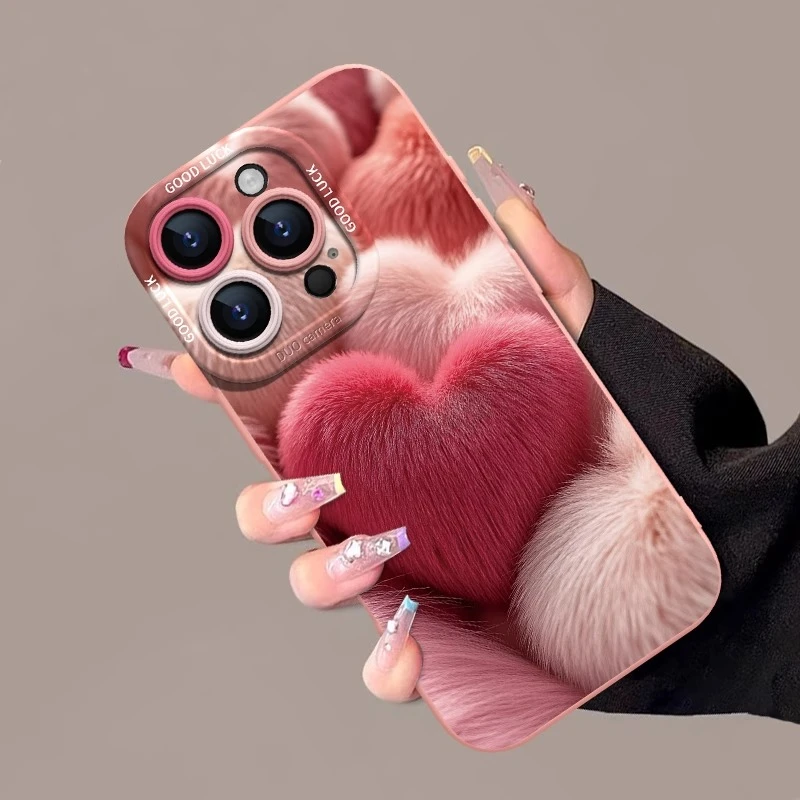 毛茸茸爱心适用苹果16promax硅胶手机壳iPhone15网红13女款全包12