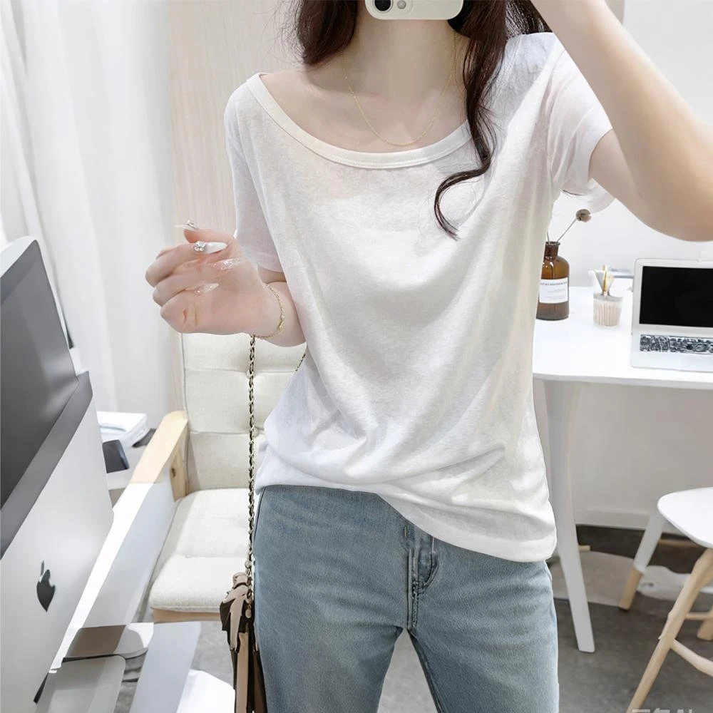 夏季薄款雪花棉短袖大圆脸白色简约休闲百搭减龄基础款显瘦T恤女