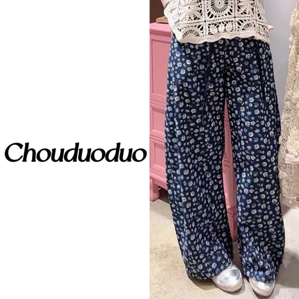 Chouduoduo 韩系碎花宽松垂感拖地阔腿牛仔裤