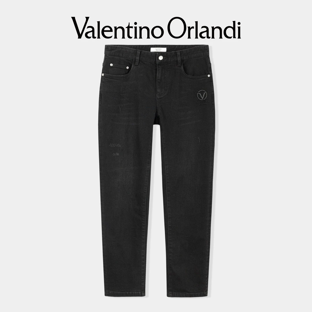 Valentino orlandi男士春秋A版时尚百搭钉珠钢印小标直筒牛仔裤