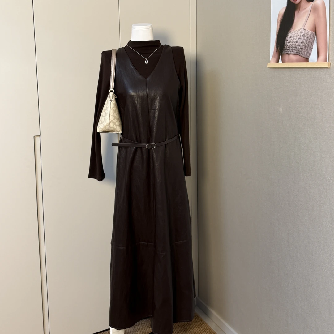 韩系V领收腰配腰带叠穿PU两件套