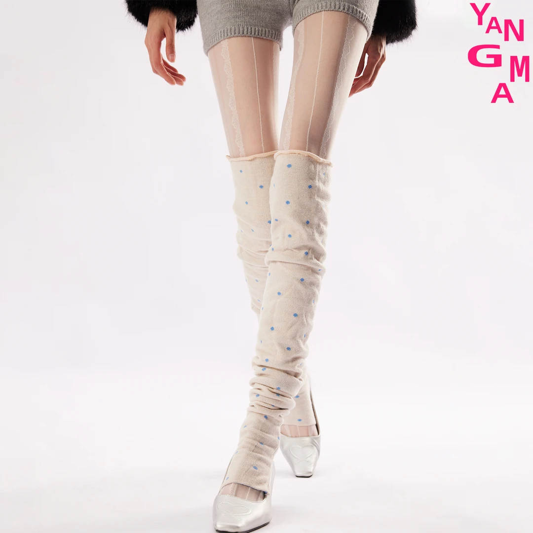YANGMA波点踩脚袜套女冬芭蕾风双层加厚过膝堆堆袜瑜伽腿套501122