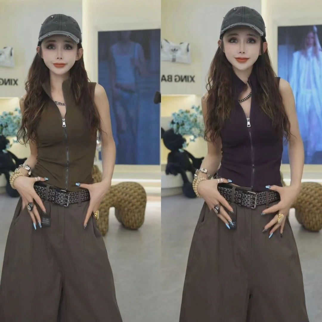 星宝原创酷飒风拉链无袖背心女夏外穿打底收腰显瘦内搭上衣