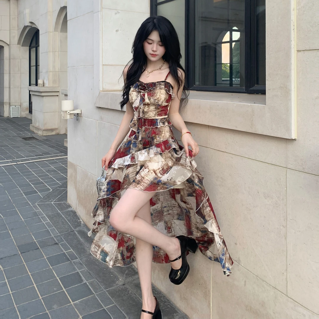 Blovelan花影画报 复古提花高级油画气质氛围感拖尾裙摆吊带裙