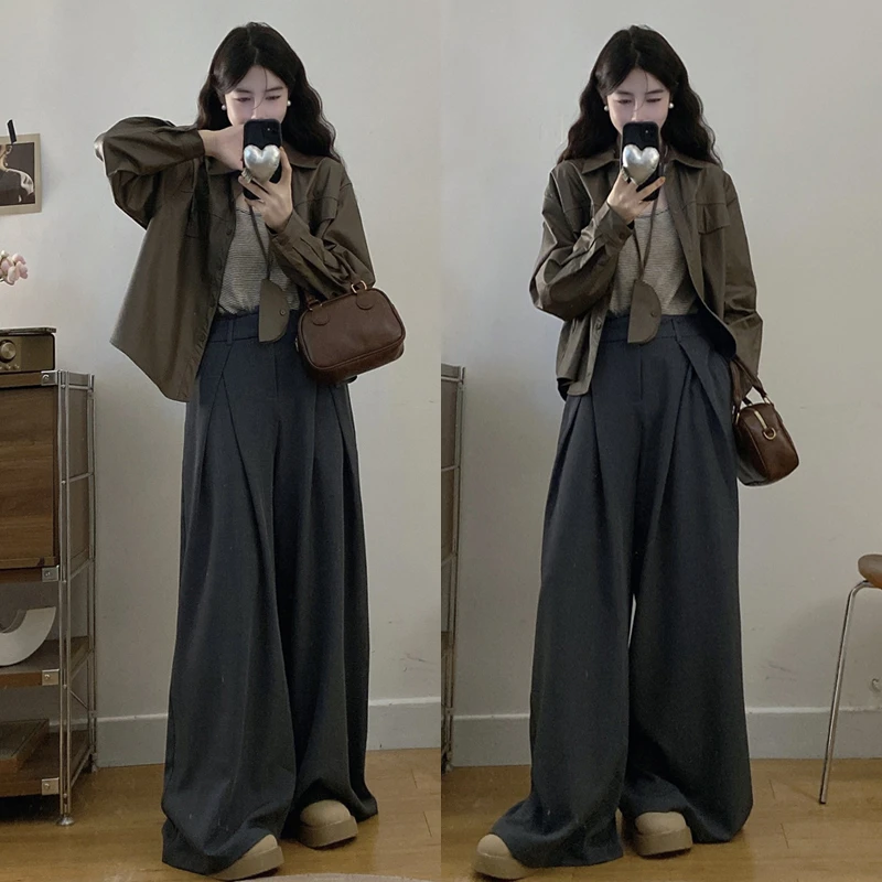 大码胖mm美式复古咖色翻领皮夹克外套+休闲阔腿直筒裤两件套装女
