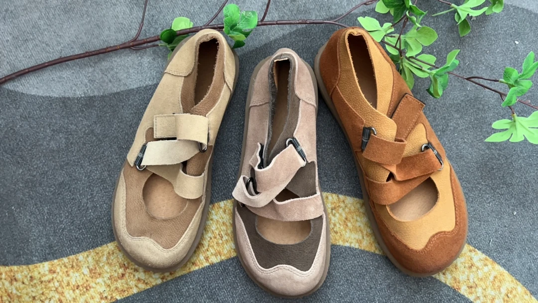 休闲风魔术贴一字式扣带复古单鞋休闲鞋软底百搭秋季平底舒适