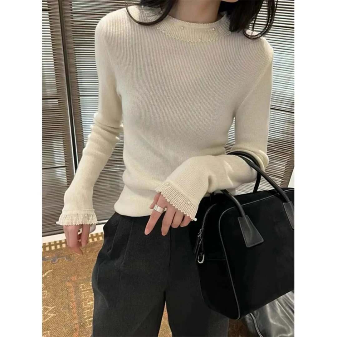 【荷叶边蕾丝拼接针织长袖】法式时尚百搭气质纯色针织衫上衣女