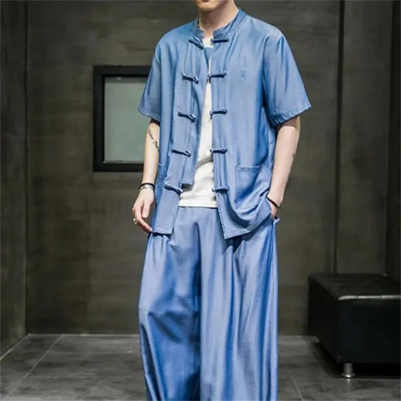 25D5A2中国风唐装短袖衬衫夏季中式冰丝速干牛仔茶服半袖盘扣衬衣