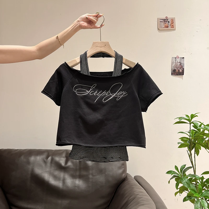 2025新款辣妹斜肩字母印花短袖t恤女撞色挂脖吊带背心慵懒风上衣