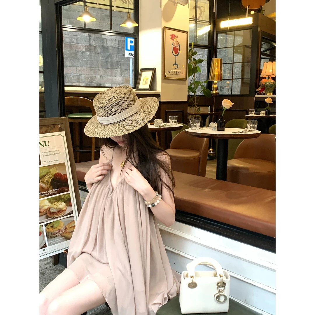 年糕Ween 浪漫匿名轻熟温柔挂脖露背仙女短裙雪纺连衣裙