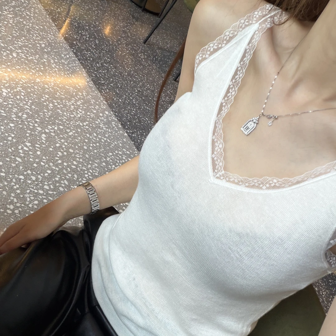 Fanfan法式小性感V领蕾丝拼接针织羊毛吊带女秋冬修身显瘦百搭外