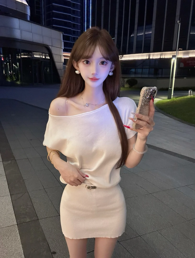 纯欲白色斜肩收腰连衣裙（配腰带）