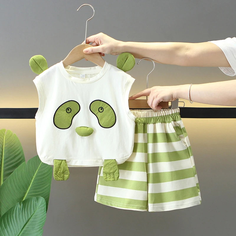 宝宝熊猫背心套装夏季2025新款儿童洋气时髦小童女童无袖短裤夏装