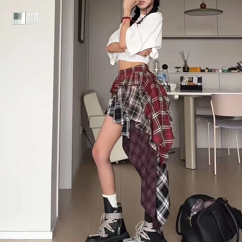 设计感小众拼接格子半身裙子女夏季新款不规则撞色中长裙1377