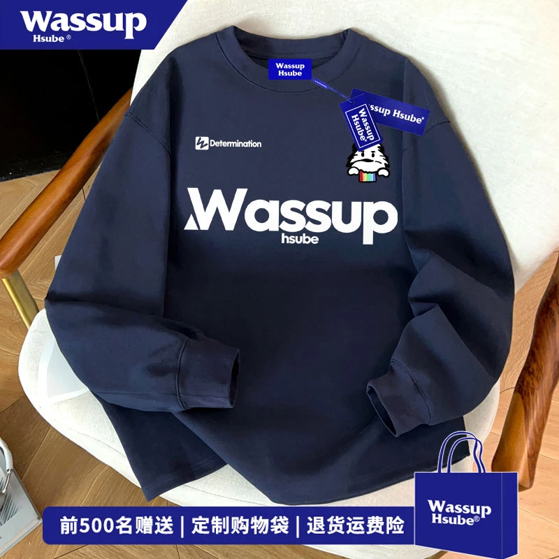 WASSUP HSUBE 秋季美式字母印花藏青色长袖男休闲百搭重磅打底衫