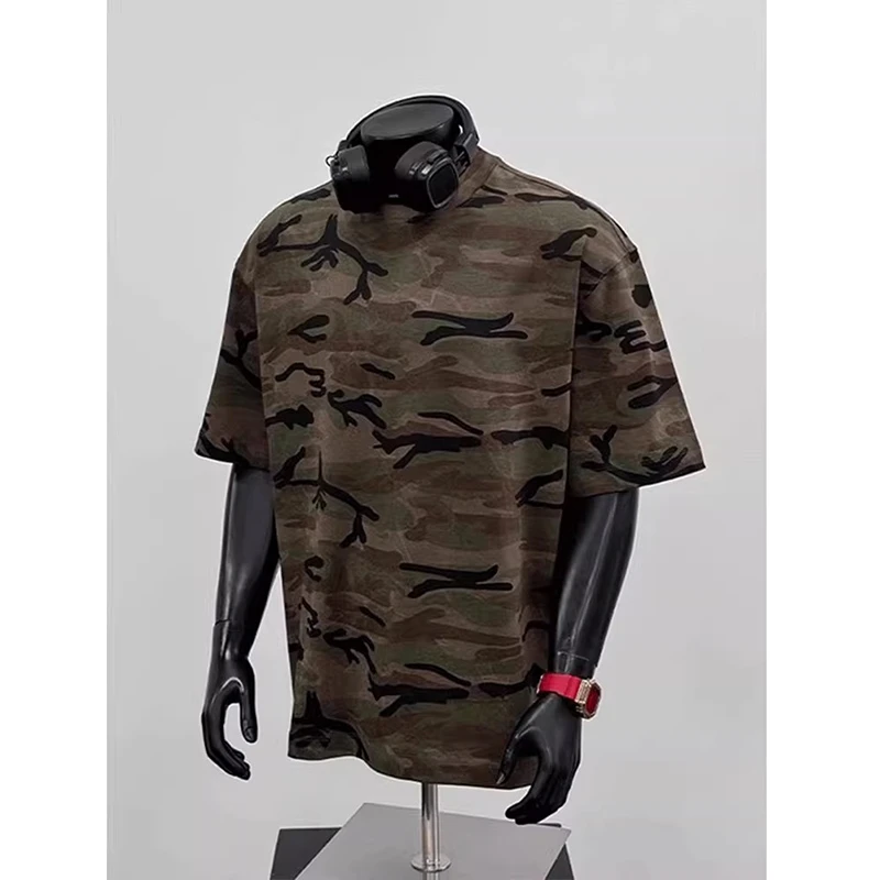个性迷彩短袖男款夏季hiphop美式复古t恤欧美潮牌嘻哈正肩半袖衫