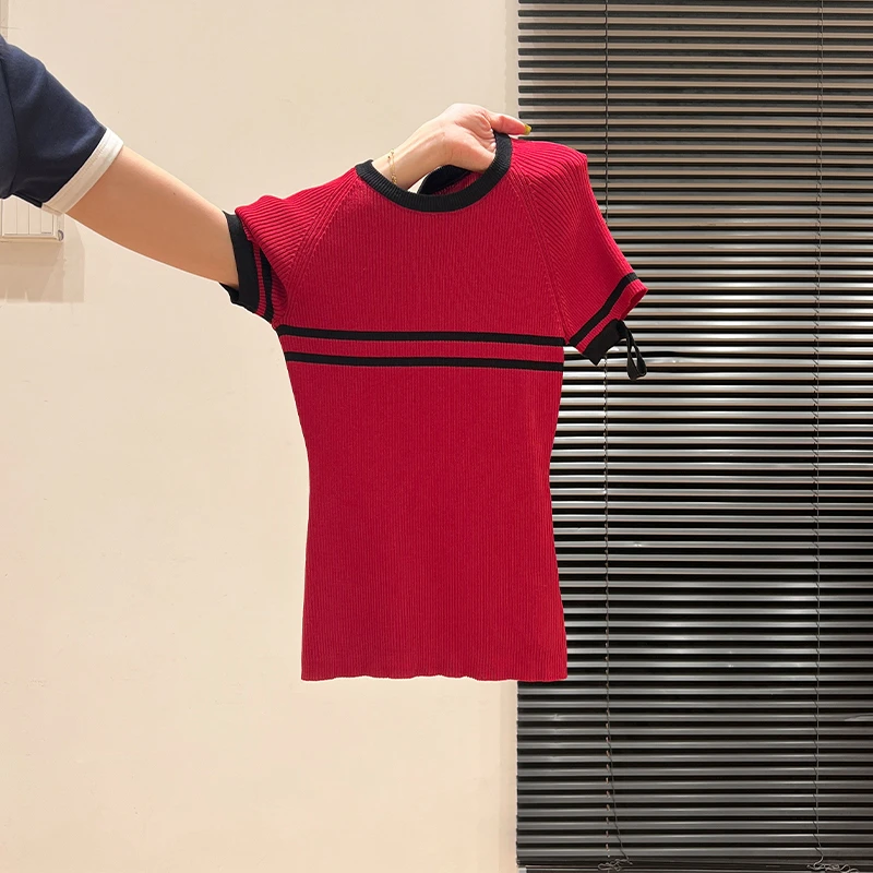 甜辣妹条纹撞色拼接圆领冰丝针织凉感短袖T恤女夏季新款上衣