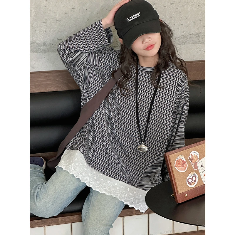 K28075蕾丝拼接女童长袖T恤2025新款春装儿童条纹上衣女大童休闲t