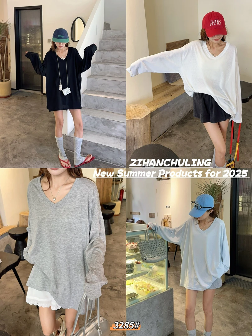 0461【夏季新款】纯色清透网纱防晒V领T恤（3285）