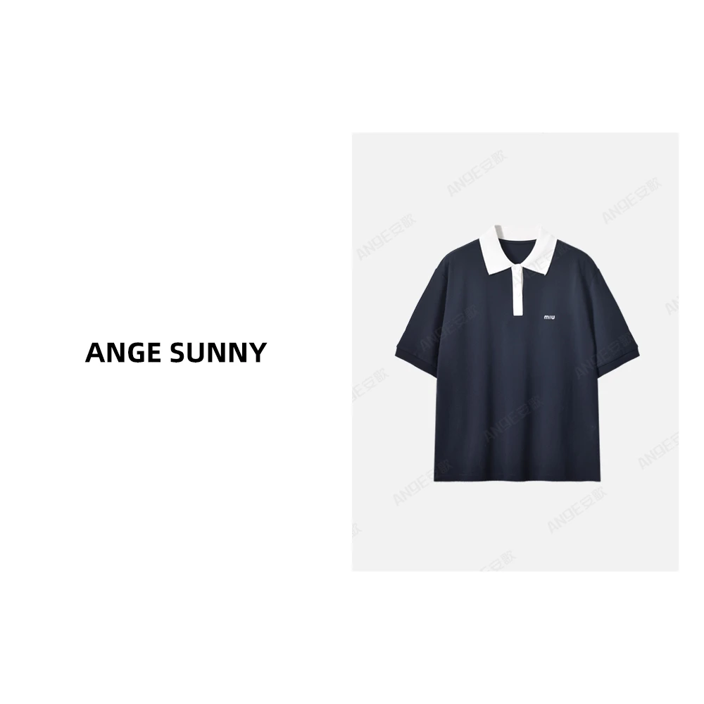 ANGE SUNNY【白色领刺绣POLO衫】时尚新款 休闲百搭纯色翻领上衣