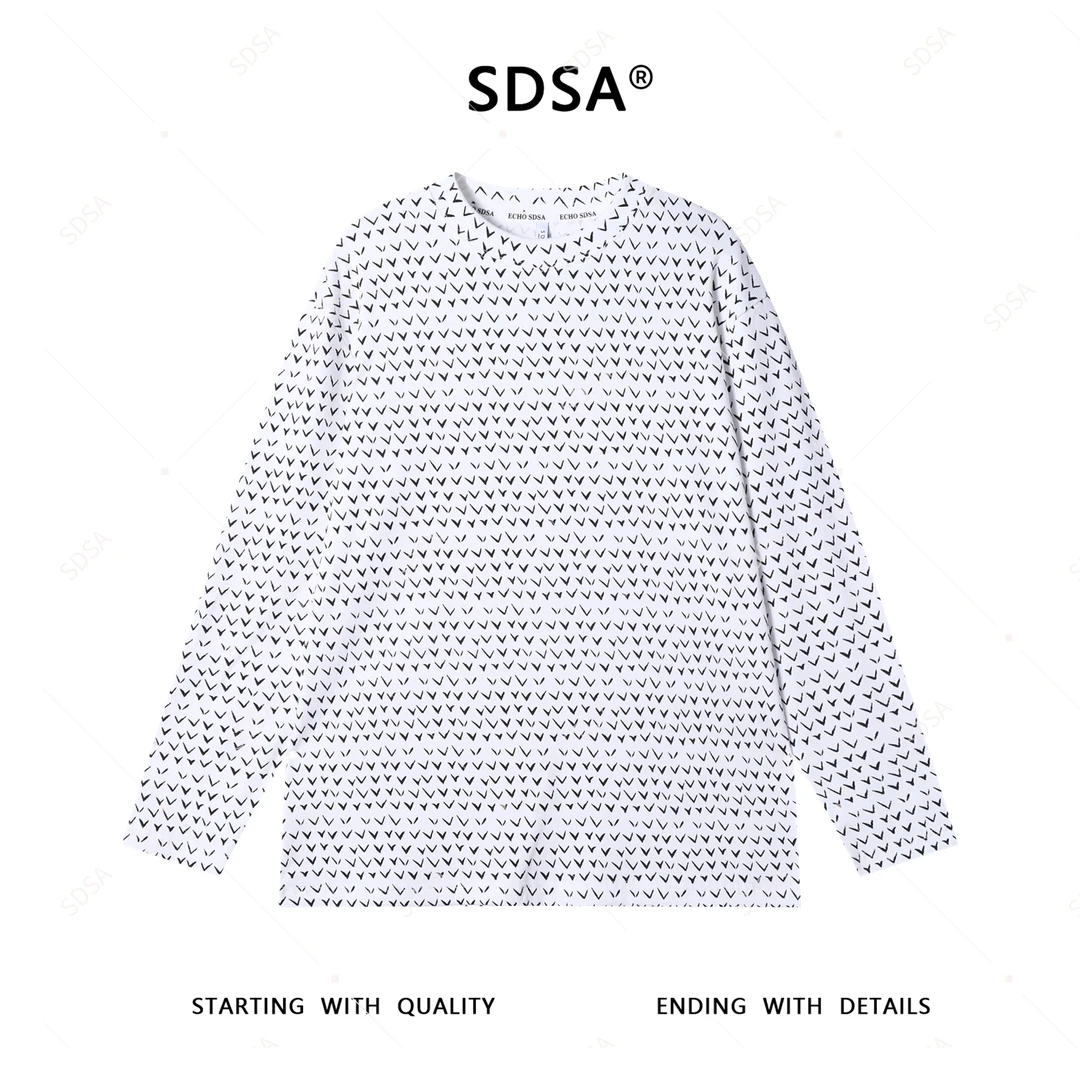 SDSA夏季新款男士痞帅潮牌撞色印花肌理感圆领长袖T恤舒适百搭潮