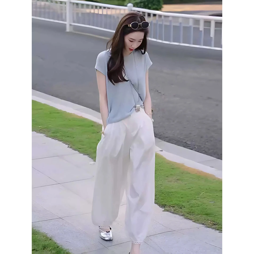 独特漂亮绝美穿搭一整套2025新款夏季休闲设计感白色裤子两件套女