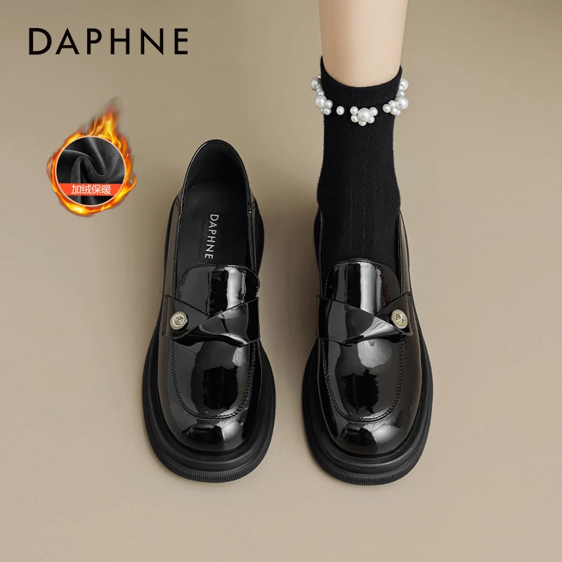达芙妮黑色小皮鞋女2025新款秋季保暖棉鞋厚底单鞋加绒jk乐福鞋子