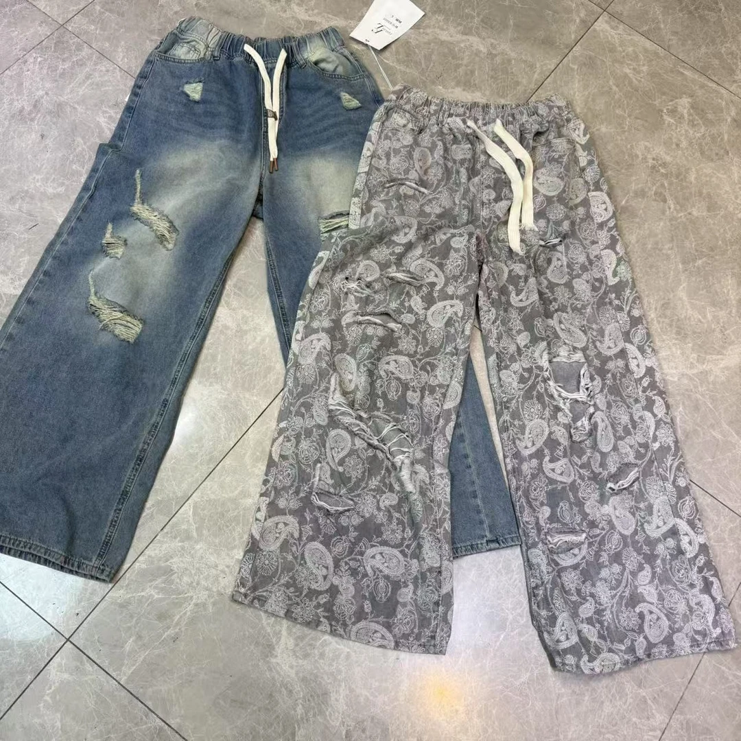 LIN美人女装杂货铺  时尚简约宽松百搭休闲洗水破洞直筒长裤