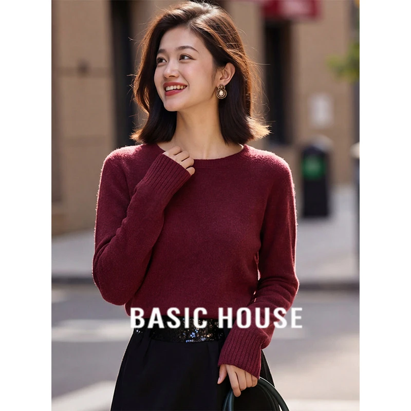 Basic House/百家好新年红色长袖绵羊毛针织衫圆领毛衣女2026新款