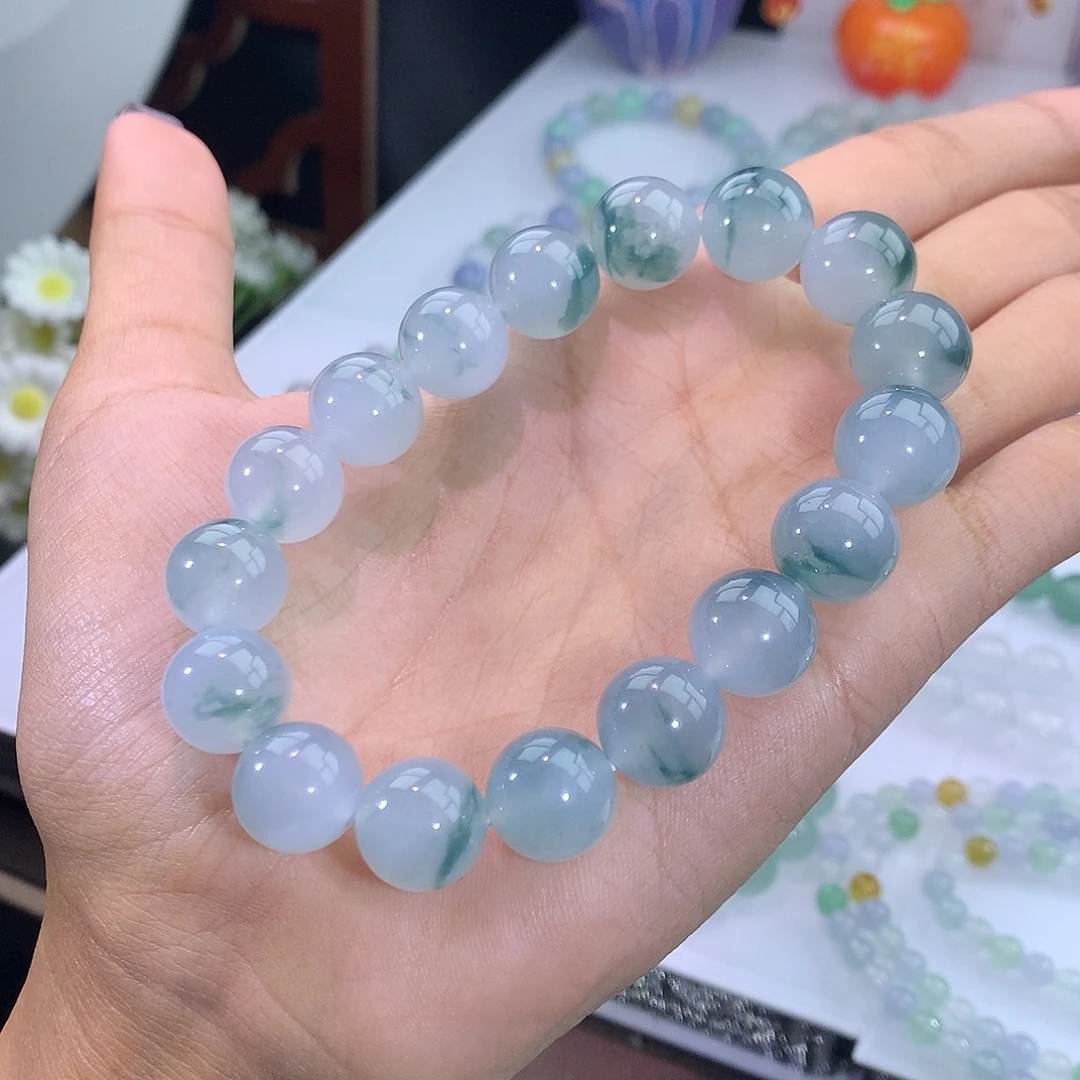 翡翠未镶嵌手链43号 冰飘蓝花手串