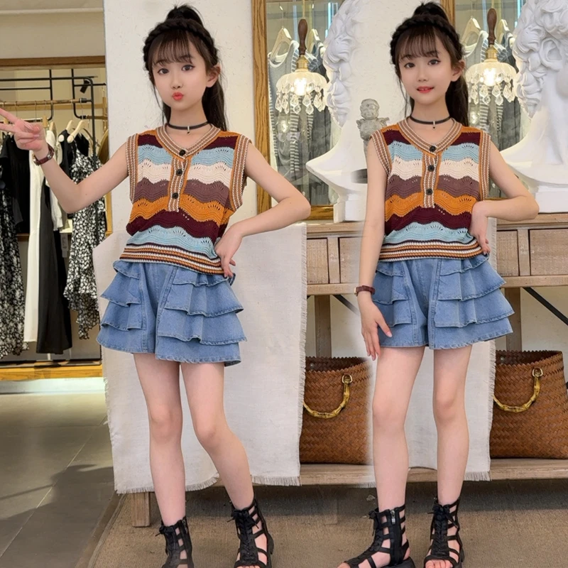 女童夏季针织衫套装儿童无袖条纹上衣时尚时髦大童牛仔裙裤两件套
