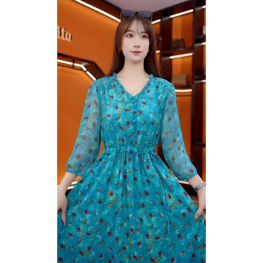 蓝韵花姿-2025新款高端连衣裙高贵显瘦夏季妈妈装法式中长款