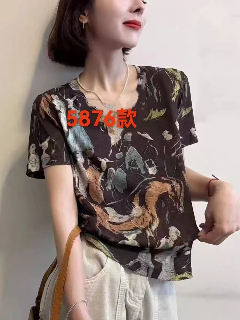 HM5876(聚水潭)直筒型印花圆领轻职风常规T恤气质时尚女士短袖