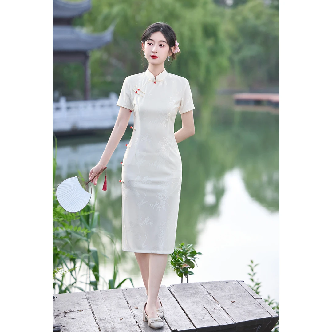 夏季白色日常中国风旗袍少女新中式中长款修身气质连衣裙-温雅