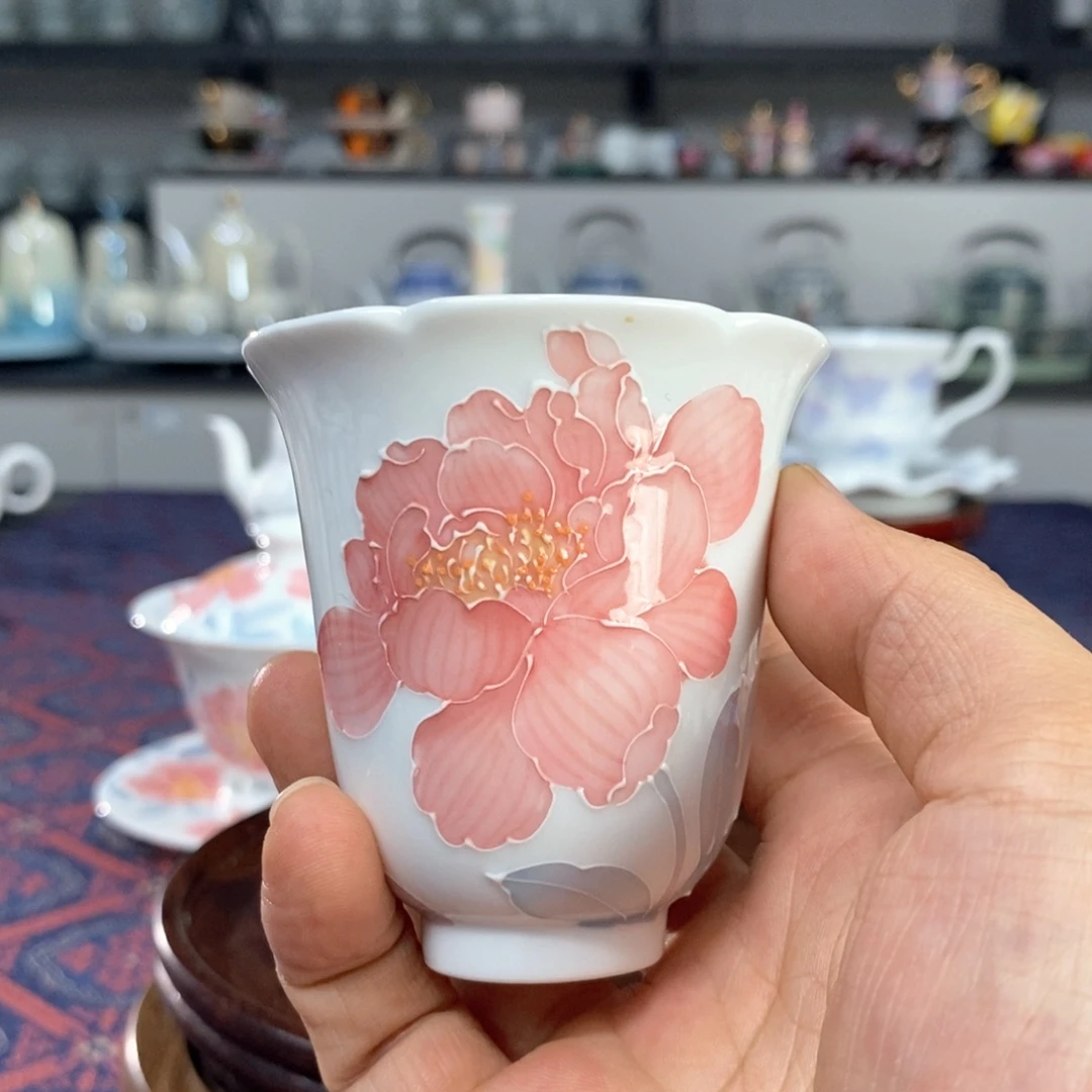 芍药花品茗杯手绘釉下高温
