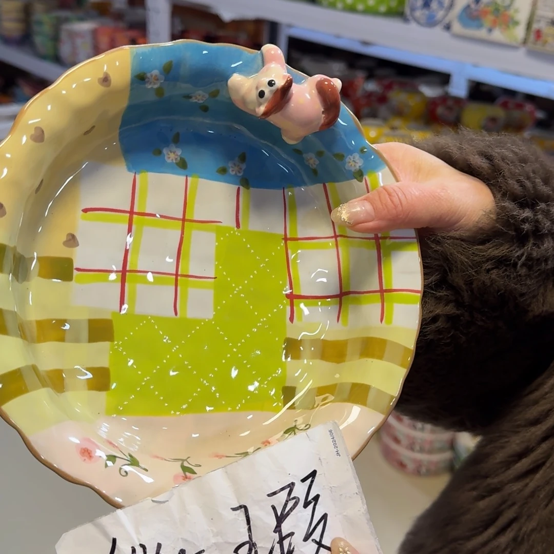 陶瓷微瑕绿色拼布草帽盘1只