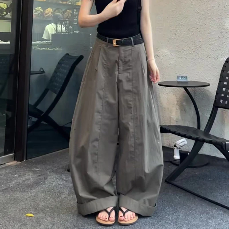 美式慵懒松弛感弯刀裤子女夏薄款2025新款高腰宽松大码胖mm阔腿裤