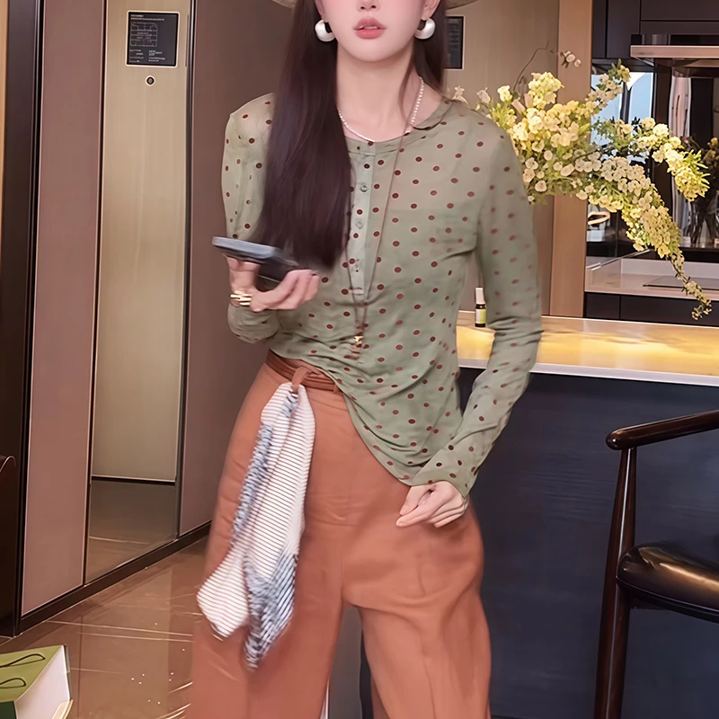 今年流行爆款防晒小衫女装夏季新款显瘦百搭圆领波点印花长袖上衣