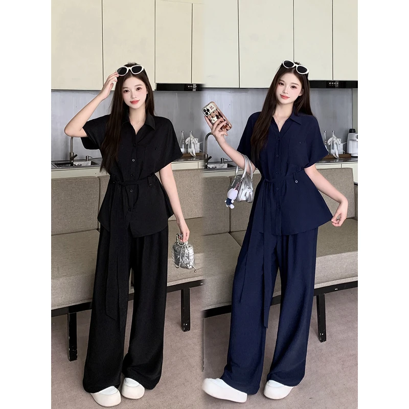 2025夏装新胖mm大码气质绑带收腰衬衫阔腿裤套装老钱风松弛感女装