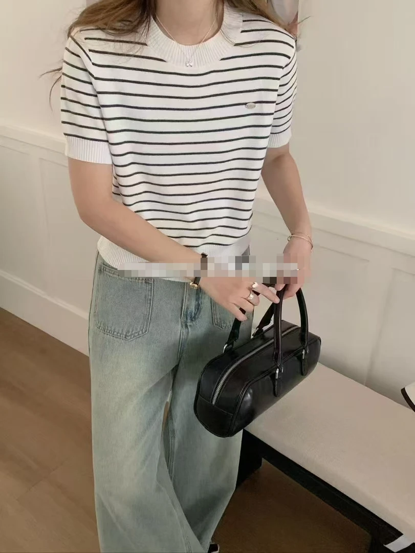 薄款条纹针织衫女短袖2025春夏季新款圆领上衣韩版修身显瘦毛衣