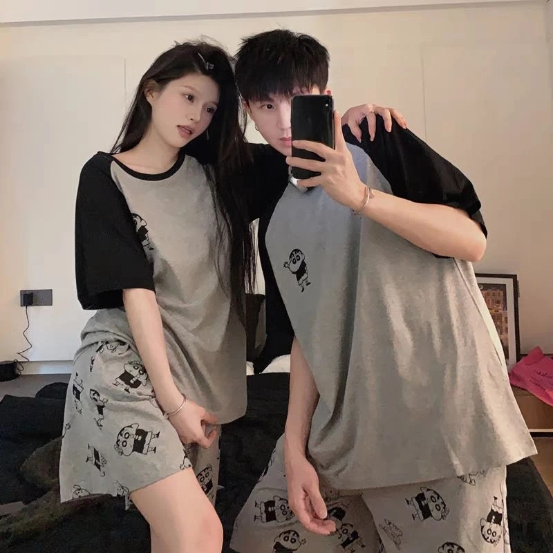 情侣睡衣女夏季薄款日系卡通可爱蜡笔小新夏天男士大码家居服套装