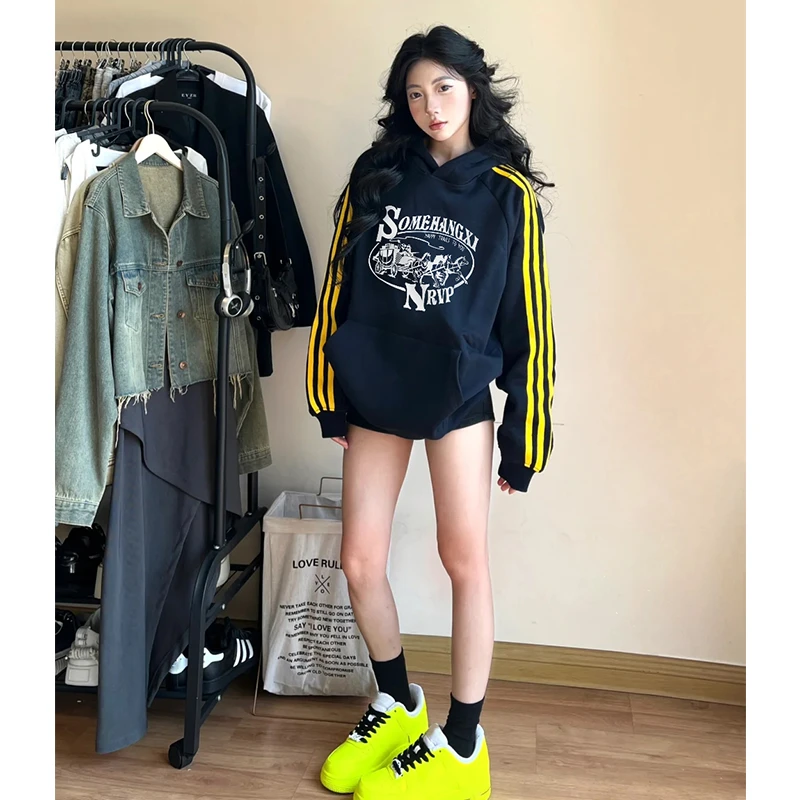 潮牌三条杠拼接连帽卫衣女秋冬款重磅宽松大码加绒加厚中长款外套
